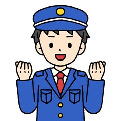 警備員の男性がガッツポーズをしている