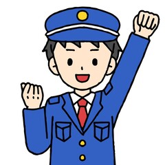 警備員の男性がガッツポーズをしている