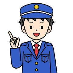 警備員の男性が指差ししている