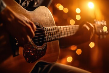 Naklejka premium Hands Playing Acoustic Guitar Indoors with Soft Light
