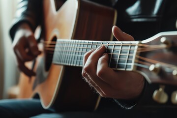 Obraz premium Hands Playing Acoustic Guitar Indoors with Soft Light
