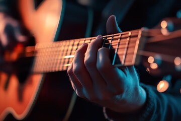 Hands Playing Acoustic Guitar Indoors with Soft Light