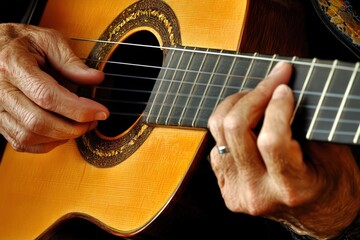 Fototapeta premium Hands Playing Acoustic Guitar Indoors with Soft Light