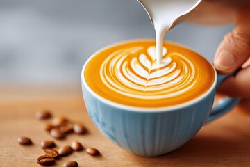 Man Pou Cream into a Cup of Coffee with Latte Art on Surface Creating Heart Shape in Blue Mug on Wooden Table with Coffee Beans Nearby