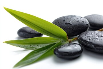 Close-up of shiny black spa stones with water droplets and green bamboo leaf on a white background for wellness relaxation and spa therapy themes