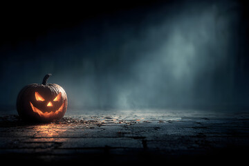 Dark Halloween background with empty space, perfect for spooky seasonal promotions. Pumpkin, Jack O'Lantern. Copy space for text. Happy Halloween. Mystical backdrop.