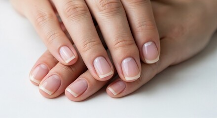 Well-groomed hands with natural nails resting on white surface  