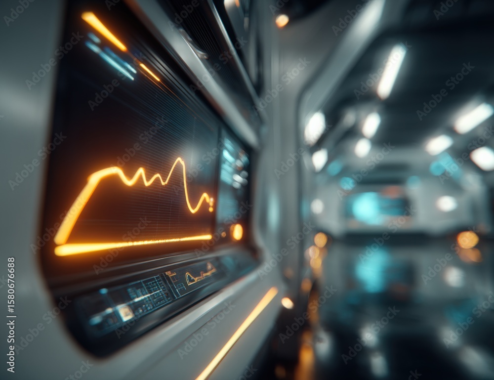 Poster high-tech futuristic data analytics and financial market control panel with glowing graphs digital s