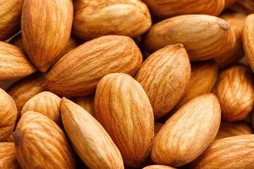 A close-up of a healthy pile of brown almonds, a natural and organic food snack