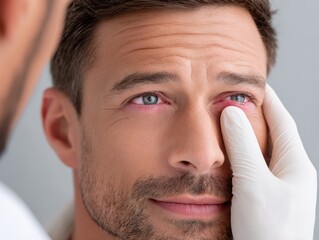 Close-up, a healthcare worker examines a man's irritated, red eye, providing medical attention and eye care.
