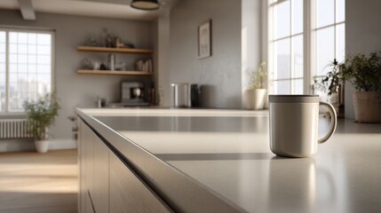 Modern bright kitchen interior with large , minimalist design, neutral color palette, wooden shelves, and a coffee mug on the countertop