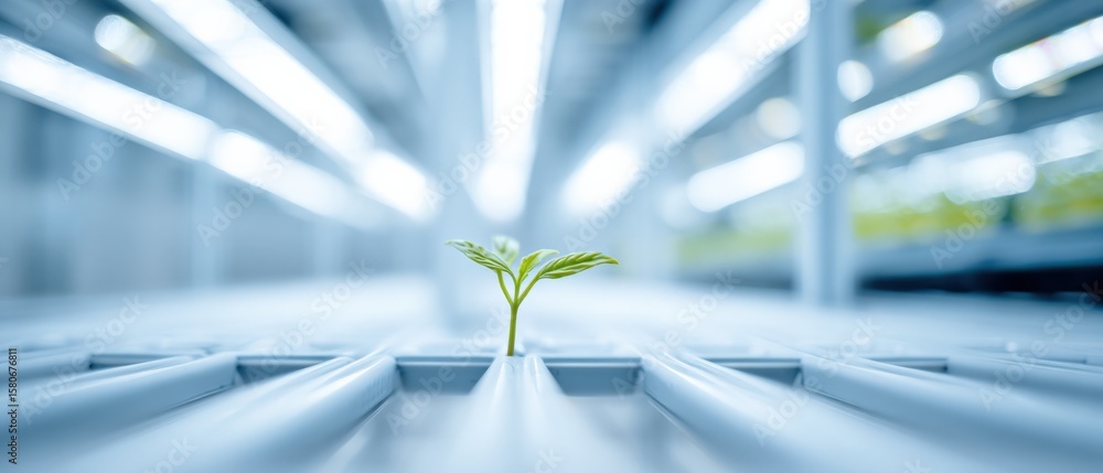 Poster young sprout growing from soil in an incubator or laboratory setting with advanced technology and na