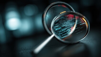 High-tech transparent digital screen glass with glowing data code and digital interface elements on dark futuristic background