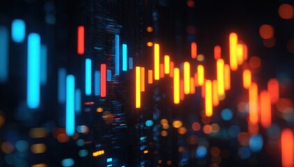 Abstract digital stock market chart with colorful candlestick patterns and glowing lines representing financial trading data visualization