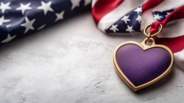 Purple heart medal laying on american flag, symbol of military valor and sacrifice - Powered by Adobe