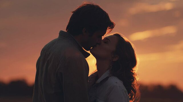 Silhouette of a man and woman kissing at sunset.