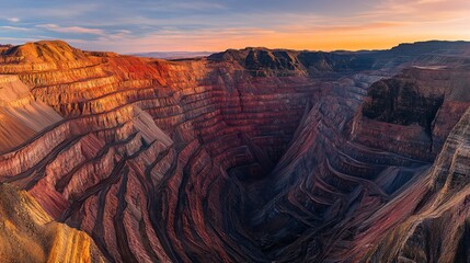 Aerial view of stunning layered rock formations in a deep canyon during sunset with warm natural colors.