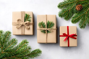 Christmas gift boxes decorated with fir branches and twine on white background