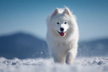 Naklejka premium Beautiful Siberian Husky running through snow in a winter landscape with a clear blue sky and distant mountain silhouette du daytime