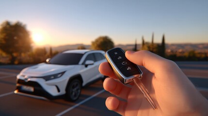 Modern white SUV parked outdoors in bright sunlight with a person holding a car key fob in foreground du daytime
