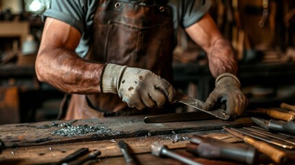 Blacksmith at Work: Close-up of a Craftsman Filing Metal with Gloves and Leather Apron in a Workshop Setting