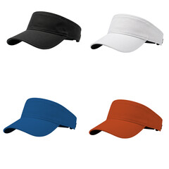 Set of colorful visors in black, white, blue, and orange  on a transparent background