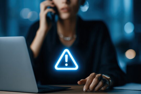 Businesswoman in dark office using laptop with floating alert warning sign on screen du cybersecurity breach incident at night