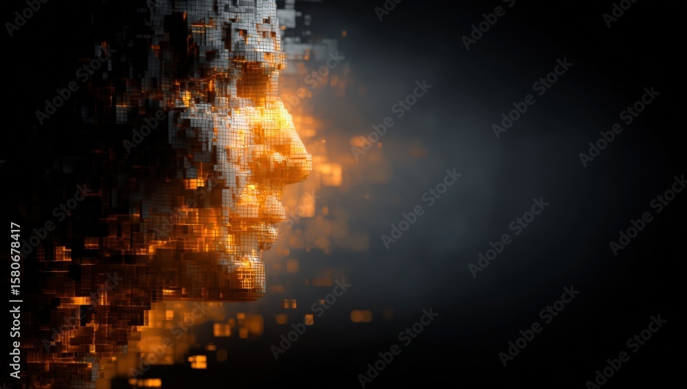 Poster digital abstract of a human face made of pixels and data particles in warm orange and dark gray tone
