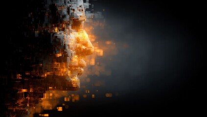 Digital Abstract of a Human Face Made of Pixels and Data Particles in Warm Orange and Dark Gray Tones for Technology and Innovation Themes