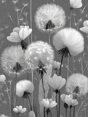 Delicate dandelions and white flowers pattern with slender stems on simple white-gray background, artistic design with soft breeze feeling and three-dimensional floral details.