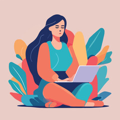 Relaxed Woman Working on Laptop in Nature, Promoting Digital Wellbeing and Work-Life Balance with Serene Illustration