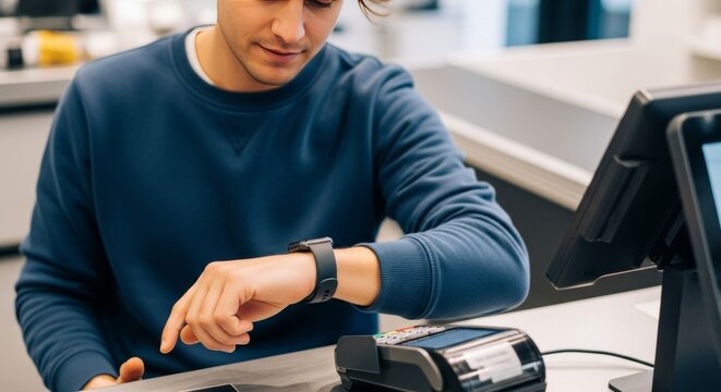 Man Using Smartwatch to Make Contactless Payment at POS Terminal