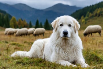 Maremma sheepdog guarding sheep in mountain landscape