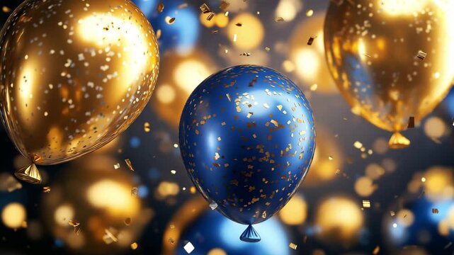 Colorful blue and gold balloons float as golden confetti showers down, creating a festive celebration environment