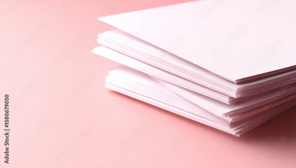 Poster close-up of neatly stacked white paper sheets with smooth edges on a soft pink background for office