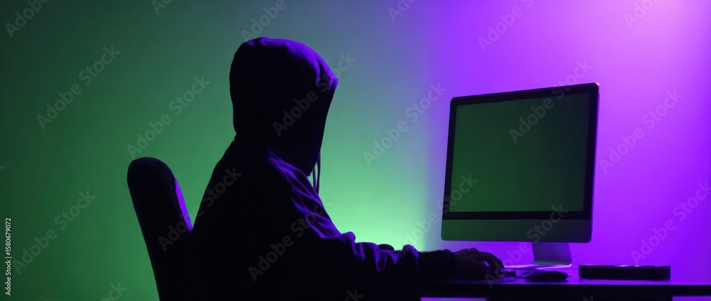 Poster person in hoodie using computer with neon purple and green lighting creating a mysterious cyber secu