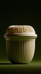 Close-up of a textured ceramic container with a lid, intricate ribbed design, set against a dark gradient background for decorative purposes