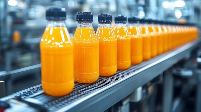 Plastic bottles filled with orange juice on automated conveyor belt in beverage production factory.