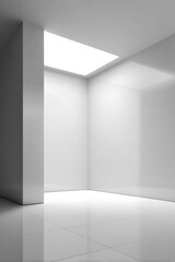 Obraz premium Modern minimalist interior space with clean white walls and a large skylight providing abundant natural light and open atmosphere