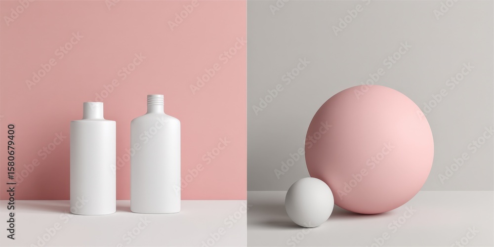 Poster minimalist composition with two white bottles and two spheres of different sizes on blurred pink and
