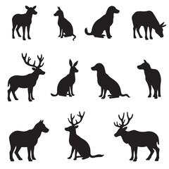 Collection of black silhouette animal poses featuring deer dogs and rabbits against a white background