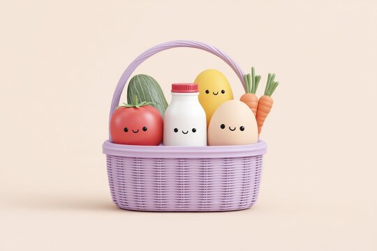 Adorable cartoon-style vegetables and eggs in pastel purple basket with smiling faces, fresh healthy produce for food, diet, nutrition themes