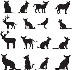 Silhouetted animals including deer dogs and birds in various poses on a white background