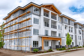 Modern apartment building under construction with scaffolding