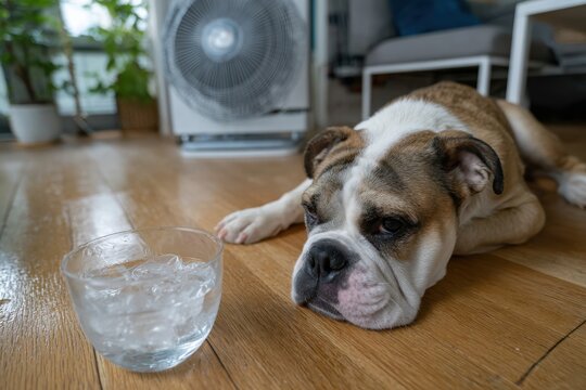 A relaxed bulldog lays on a hardwood floor beside a bowl of ice, depicting a tranquil home setting, embodying comfort and companionship in warm and cozy surroundings.