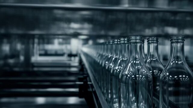 Glass bottles gliding along modern conveyor belt inside industrial beverage manufacturing facility, showcasing automated packaging process with precision and efficiency