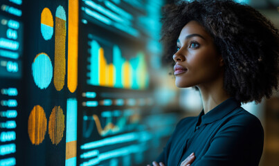 Focused businesswoman analyzing colorful data visualization charts on digital screen in modern office environment for technology and analytics concept