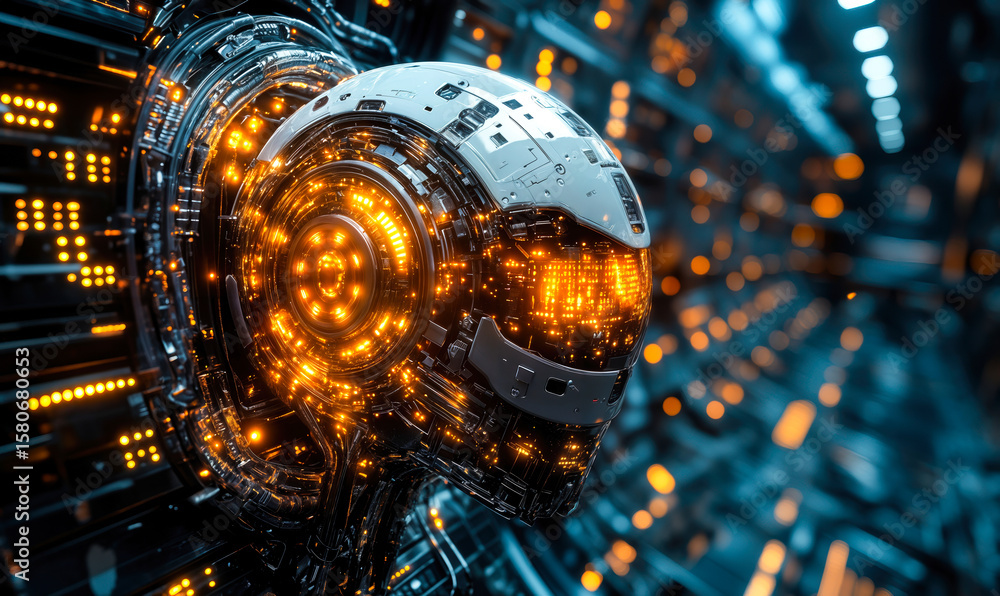 Poster futuristic robotic head with glowing orange lights and intricate circuitry in a high-tech environmen