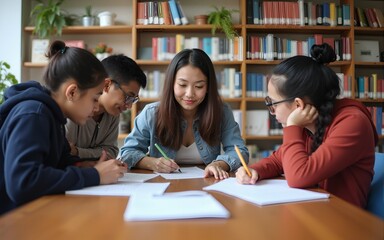 Group of multi-ethnic immigrant students sitting at table in library working on English language test. High quality