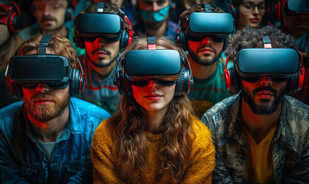 Group of diverse young adults wearing virtual reality headsets and headphones immersed in VR experience in dark room with colorful lighting for gaming or training concept